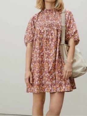 EVERLANE The Shirred Mini Dress Floral Brown Orange Ditsy Print , Size Small